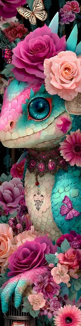 Free printable dragon bookmark featuring maximalist dragon covered in flowers